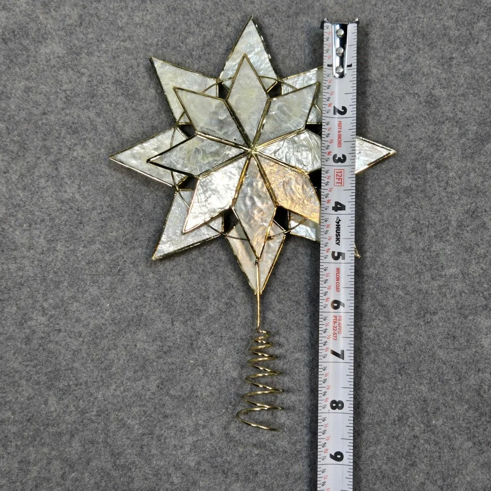 Vintage Capiz Shell Star Christmas Tree Topper Gold Tone Metal 9 Inch Holiday